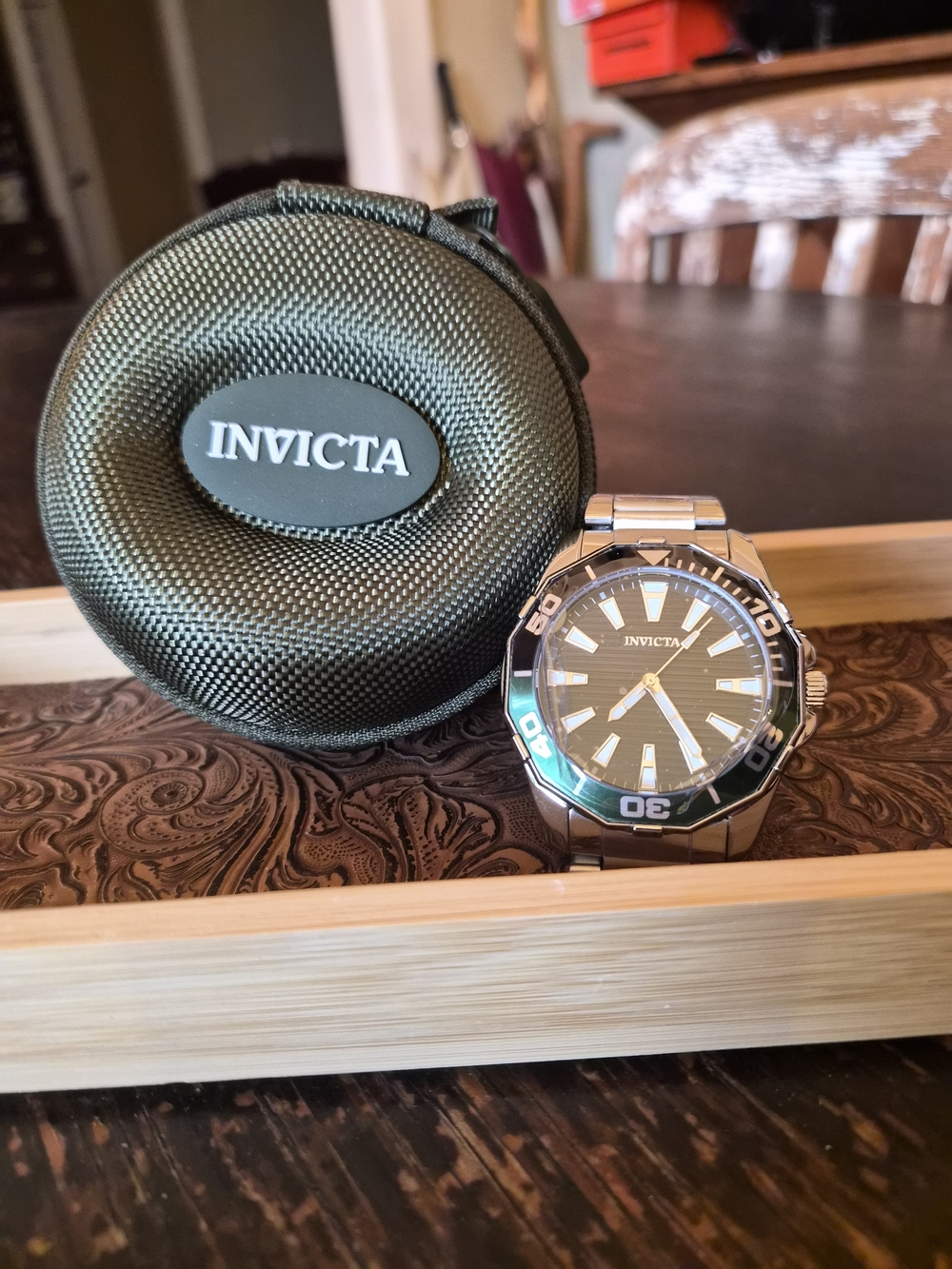 Invicta Men’s Silver-Tone Watch Black Dial & Green Bezel New